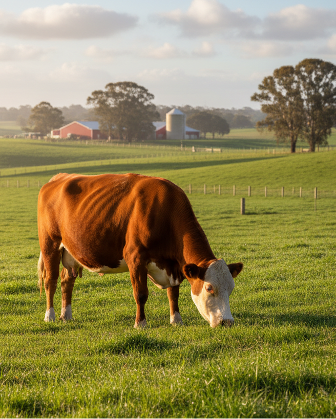 Brown and white cow grazing in a green field with trees and buildings in the background